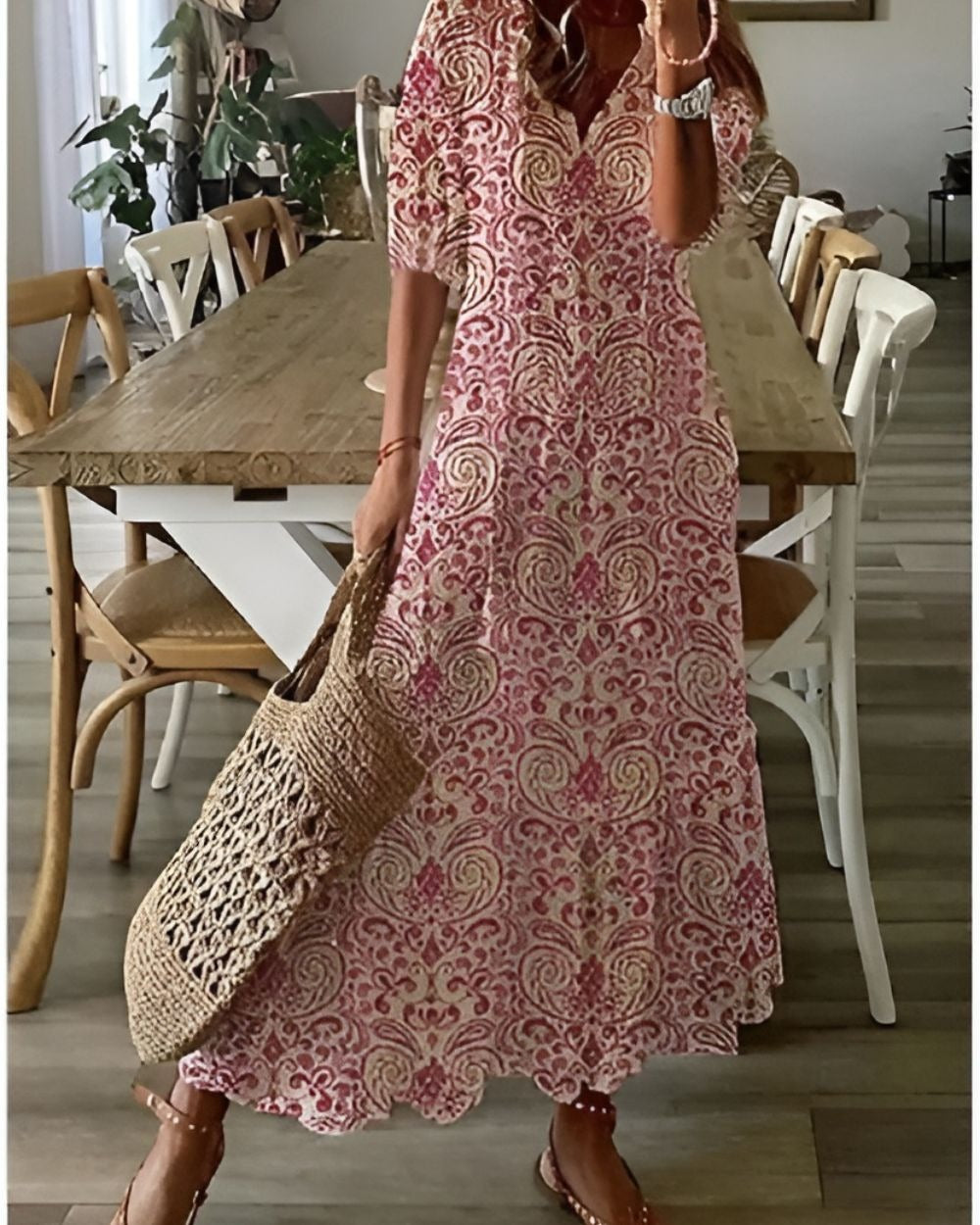 Boho Maxi Dress Women's | V Neck Tassel - detail