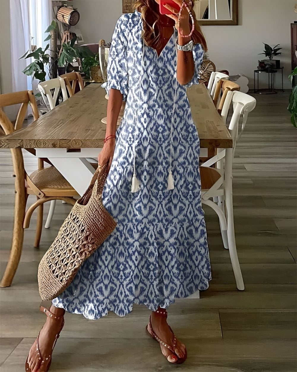 Boho Maxi Dress Women's | V Neck Tassel - hero