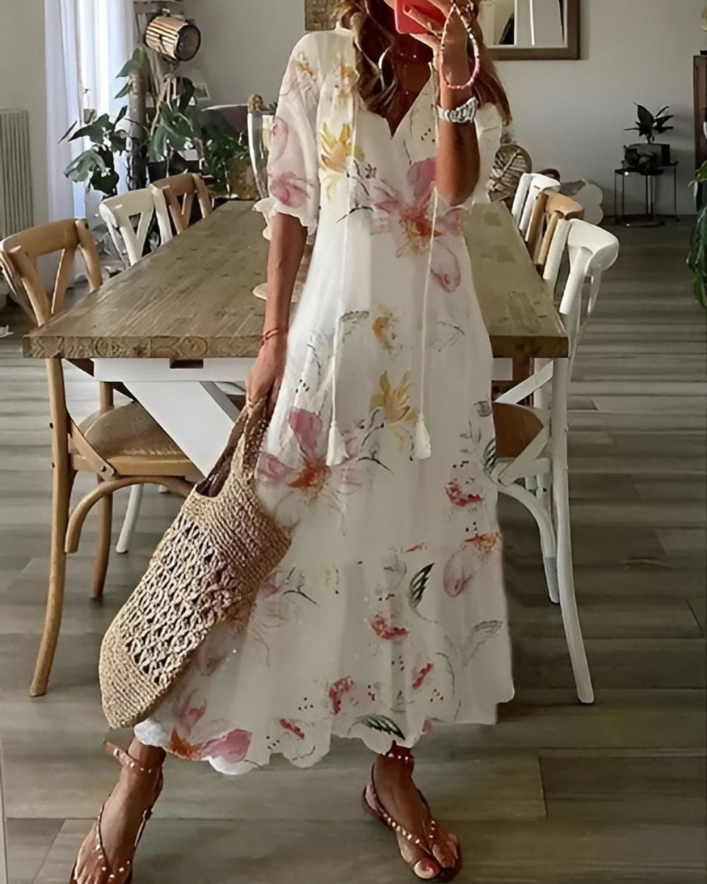 Boho Maxi Dress Women's | V Neck Tassel - lifestyle
