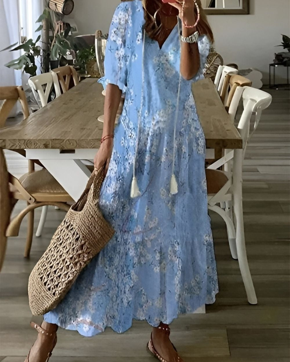 Boho Maxi Dress Women's | V Neck Tassel - side