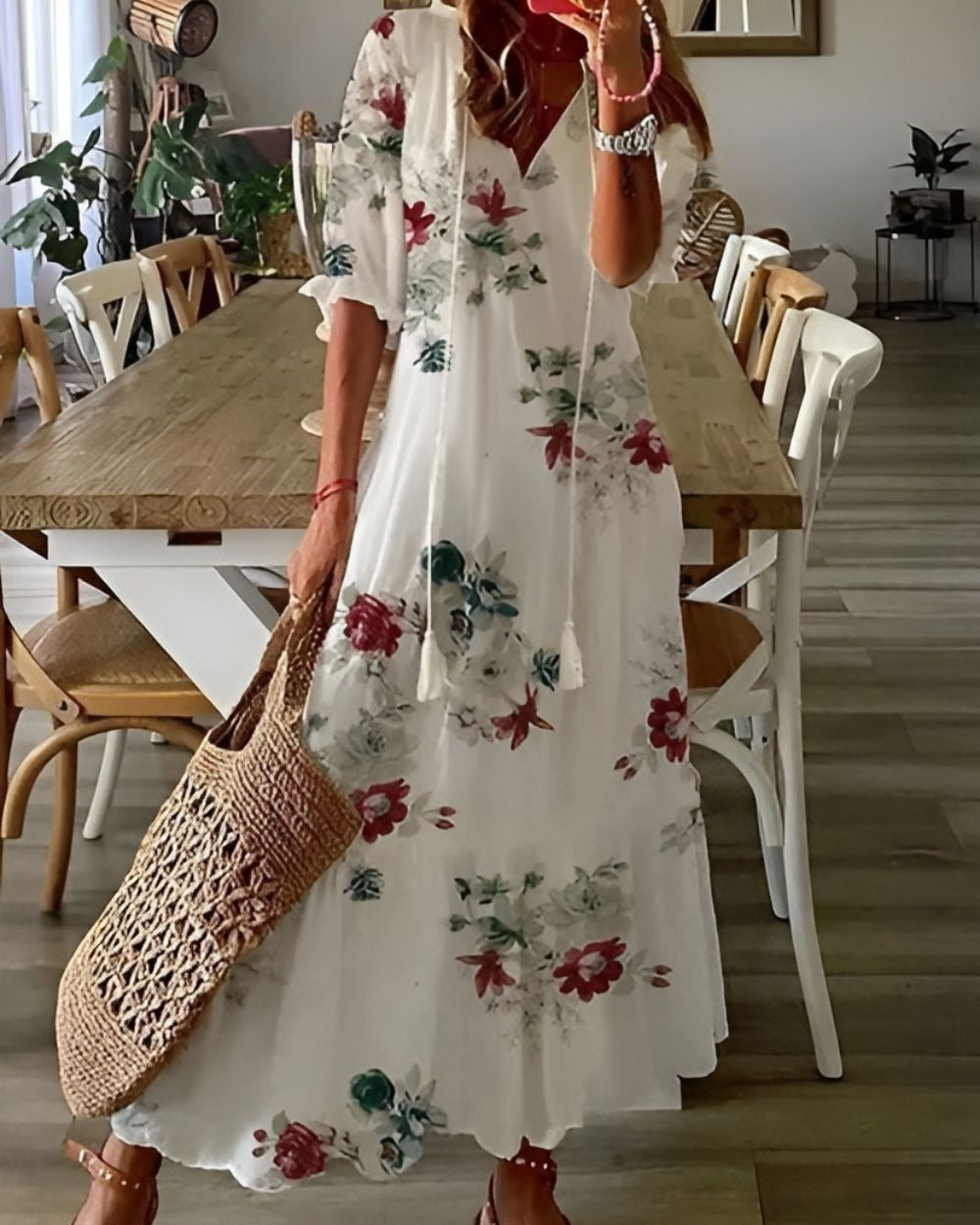 Boho Maxi Dress Women's | V Neck Tassel - view