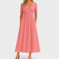Elegant Midi Dress | Women's Wrap V Neck - close-up