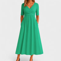Elegant Midi Dress | Women's Wrap V Neck - detail