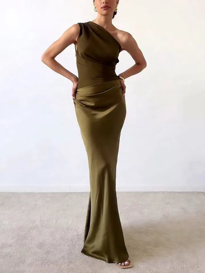 Elegant Pleated Party Maxi Dress | One Shoulder - front