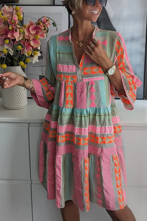 Elegant Spring Boho Mini Dress | 3/4 Sleeve - back
