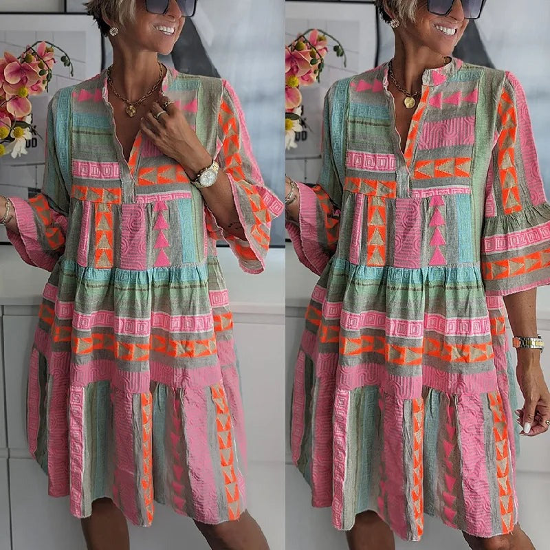 Elegant Spring Boho Mini Dress | 3/4 Sleeve - detail