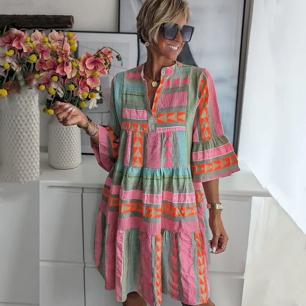 Elegant Spring Boho Mini Dress | 3/4 Sleeve - hero