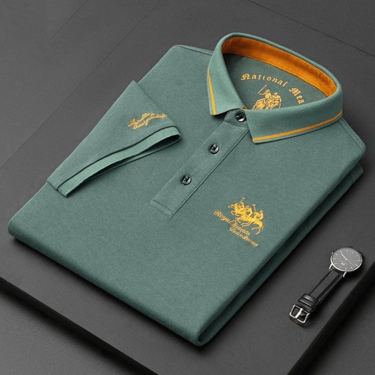Men's Breathable Polo Shirt with Gold Contrast Collar Lifestyle