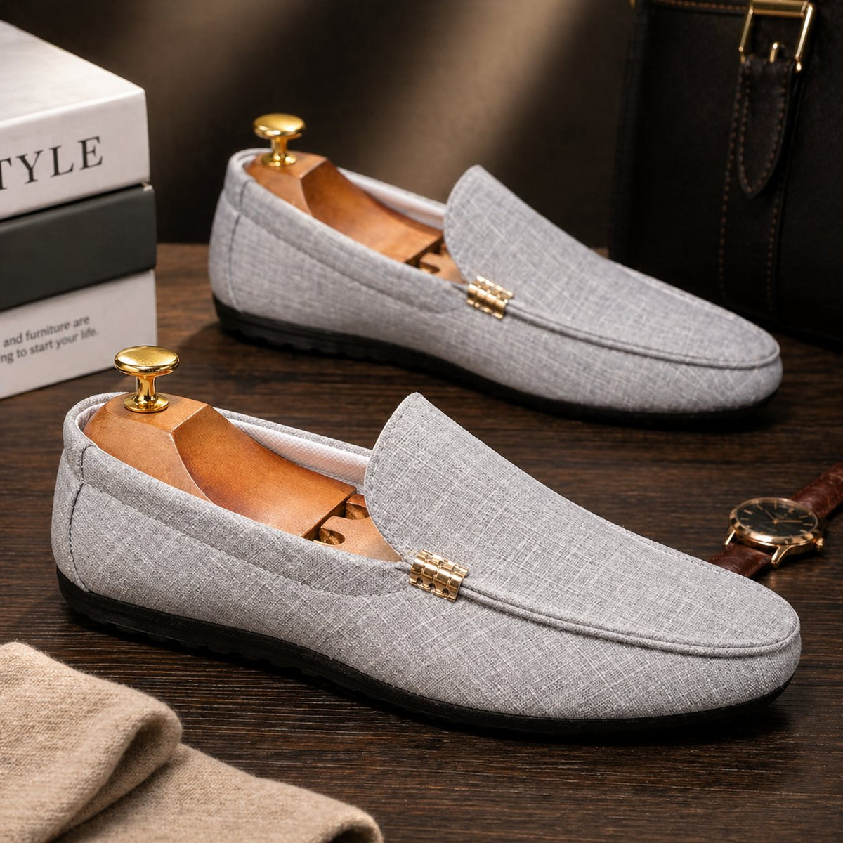 Men's Canvas Slip-On Loafers | Gold Bar Trim Detail Angle