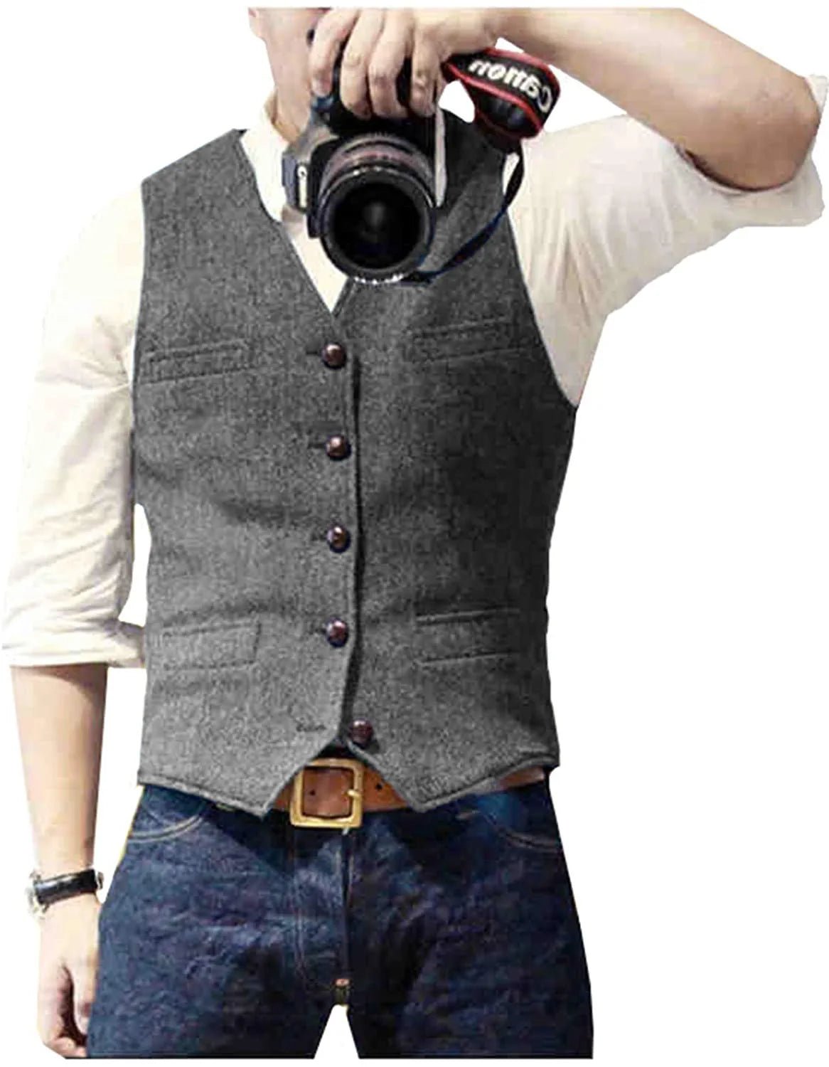 Men's Classic Herringbone Tweed Waistcoat | Smart Tailored Fit Side