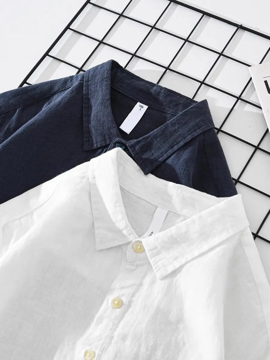 Men's Cotton Linen Popover Shirt | Relaxed Fit Half Placket Back