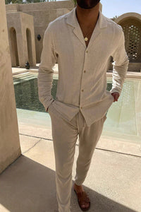 Men's Cuban Collar Shirt | Casual Long Sleeve Trousers Set Detail