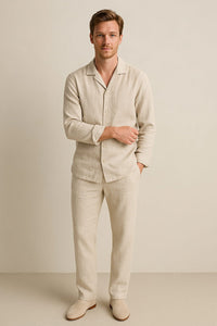 Men's Cuban Collar Shirt | Casual Long Sleeve Trousers Set Hero