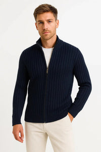 Men's Grey Ribbed Knit Cardigan | Zip Collar Lightweight Layer Front