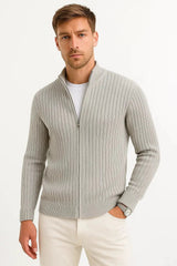 Men's Grey Ribbed Knit Cardigan | Zip Collar Lightweight Layer