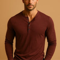 Men's Henley Long Sleeve Shirt | Slim Fit Button Placket Close Up