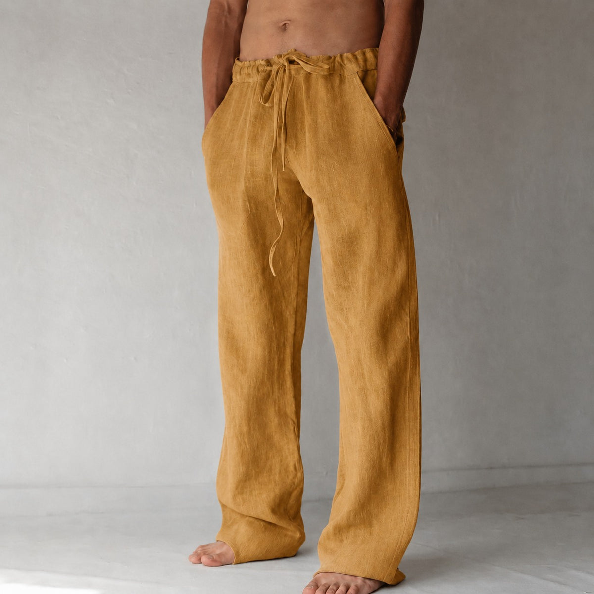 Men's Linen Drawstring Wide-Leg Loose Trousers - view