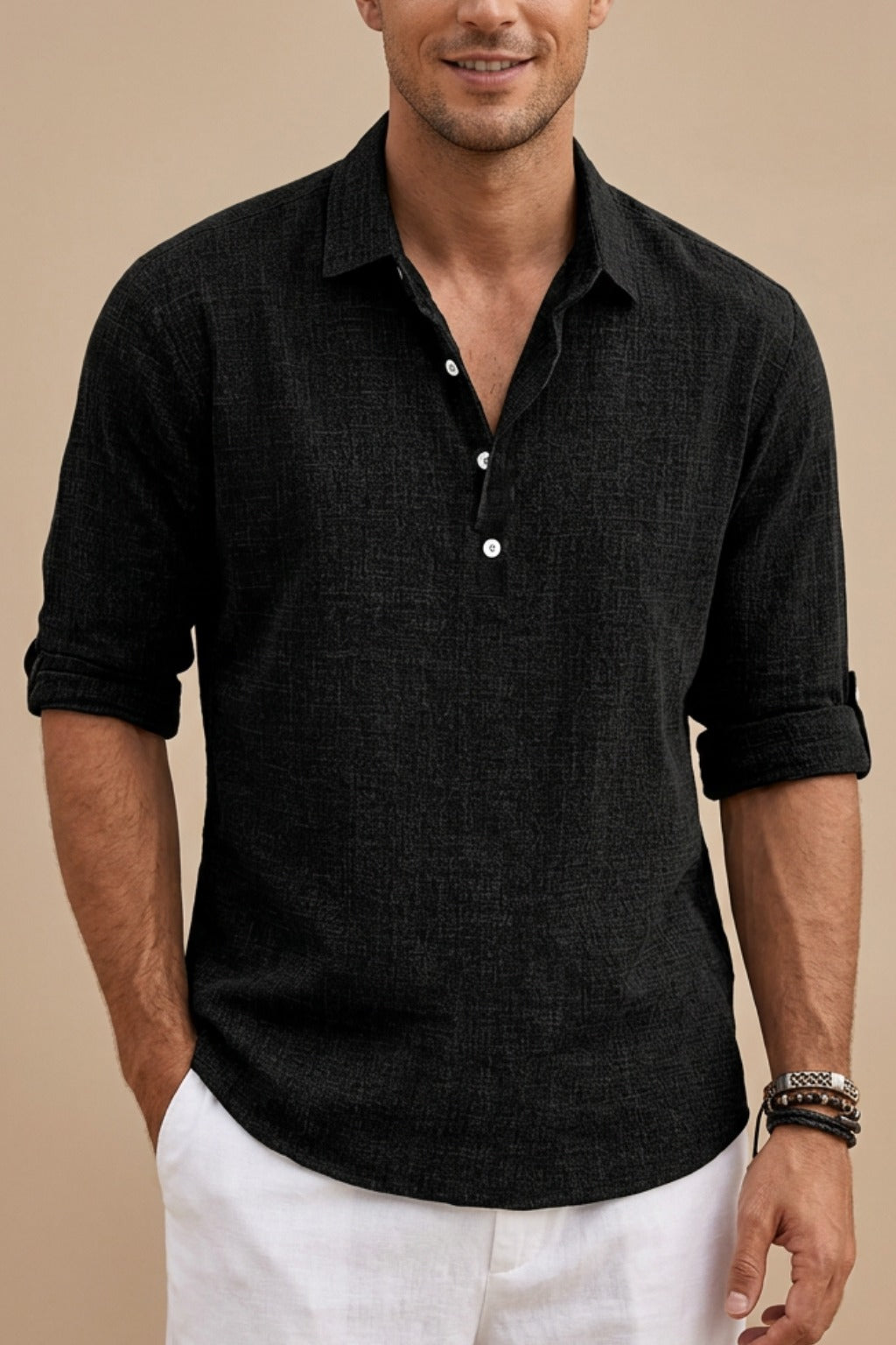 Men's Linen Long Sleeve Polo Shirt - detail