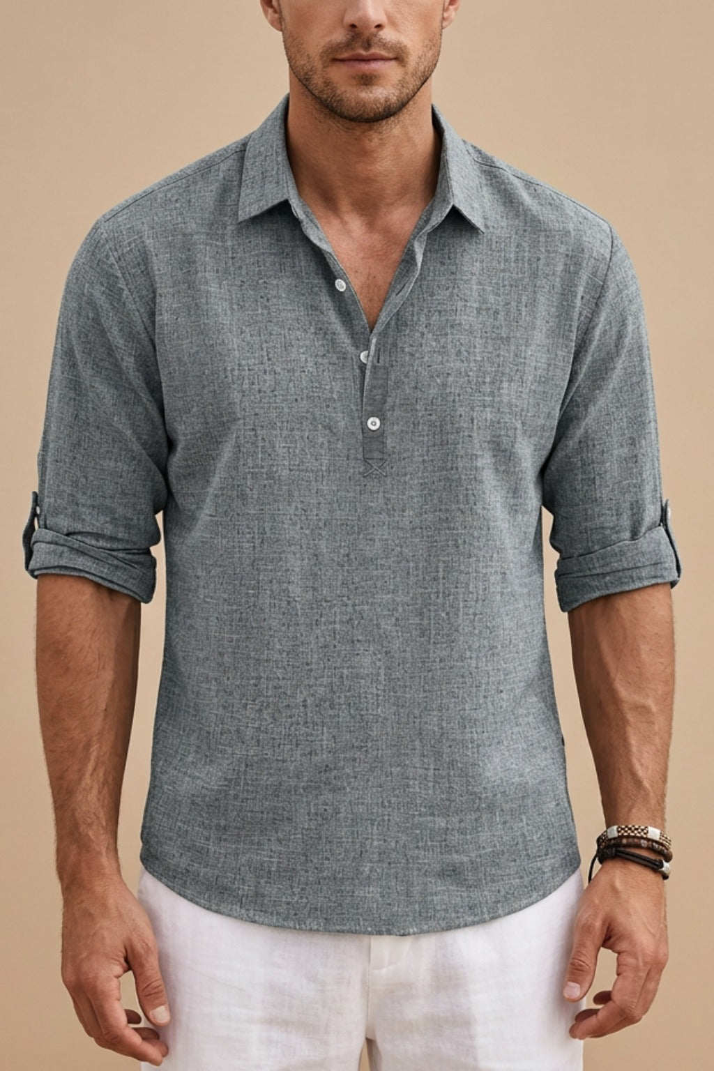 Men's Linen Long Sleeve Polo Shirt - side
