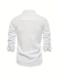 Men's Linen Stand Collar Shirt | Long Sleeve Smart Casual Front