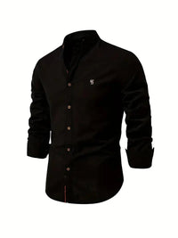 Men's Linen Stand Collar Shirt | Long Sleeve Smart Casual View 12