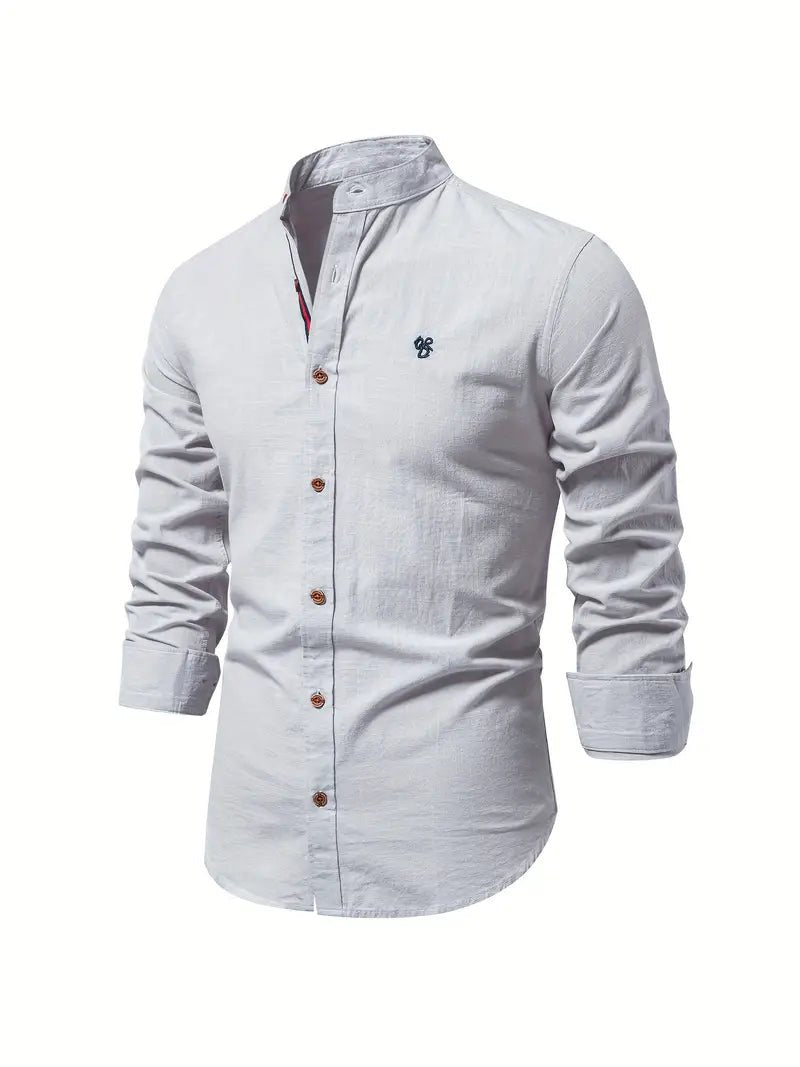 Men's Long Sleeve Slim Fit Shirt | Mandarin Collar Smart Casual Full