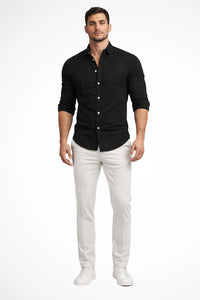 Men's Loose Fit Cotton Casual Shirt | Long Sleeve Curved Hem Side