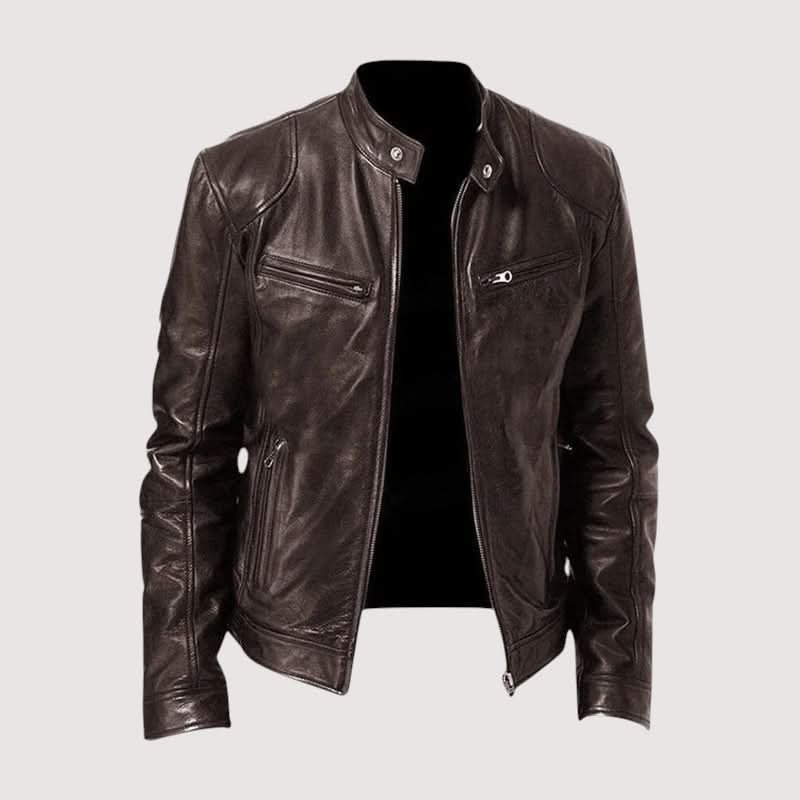 Men's Mandarin Collar Leather Jacket | Clean Cut Versatile Fit Side