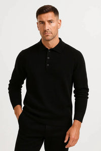 Men's Merino Wool Long Sleeve Knit Polo Sweater | Classic Collar Pull Front