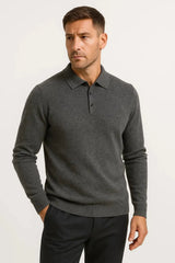 Men's Merino Wool Long Sleeve Knit Polo Sweater | Classic Collar Pull