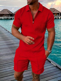 Men's Shirts Shorts Set | Jacquard Texture Co-ord Back