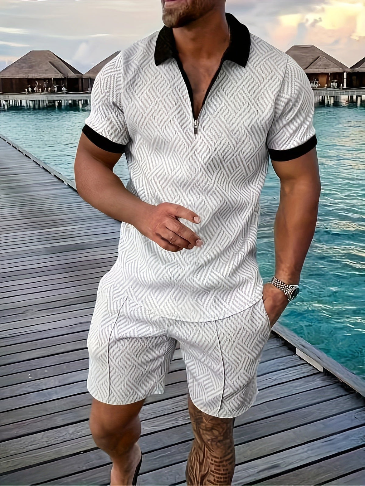 Men's Shirts Shorts Set | Jacquard Texture Co-ord Side