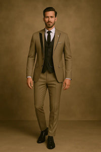 Men's Slim Fit Three-Piece Suit | Contrast Lapel Waistcoat Formal Set Full