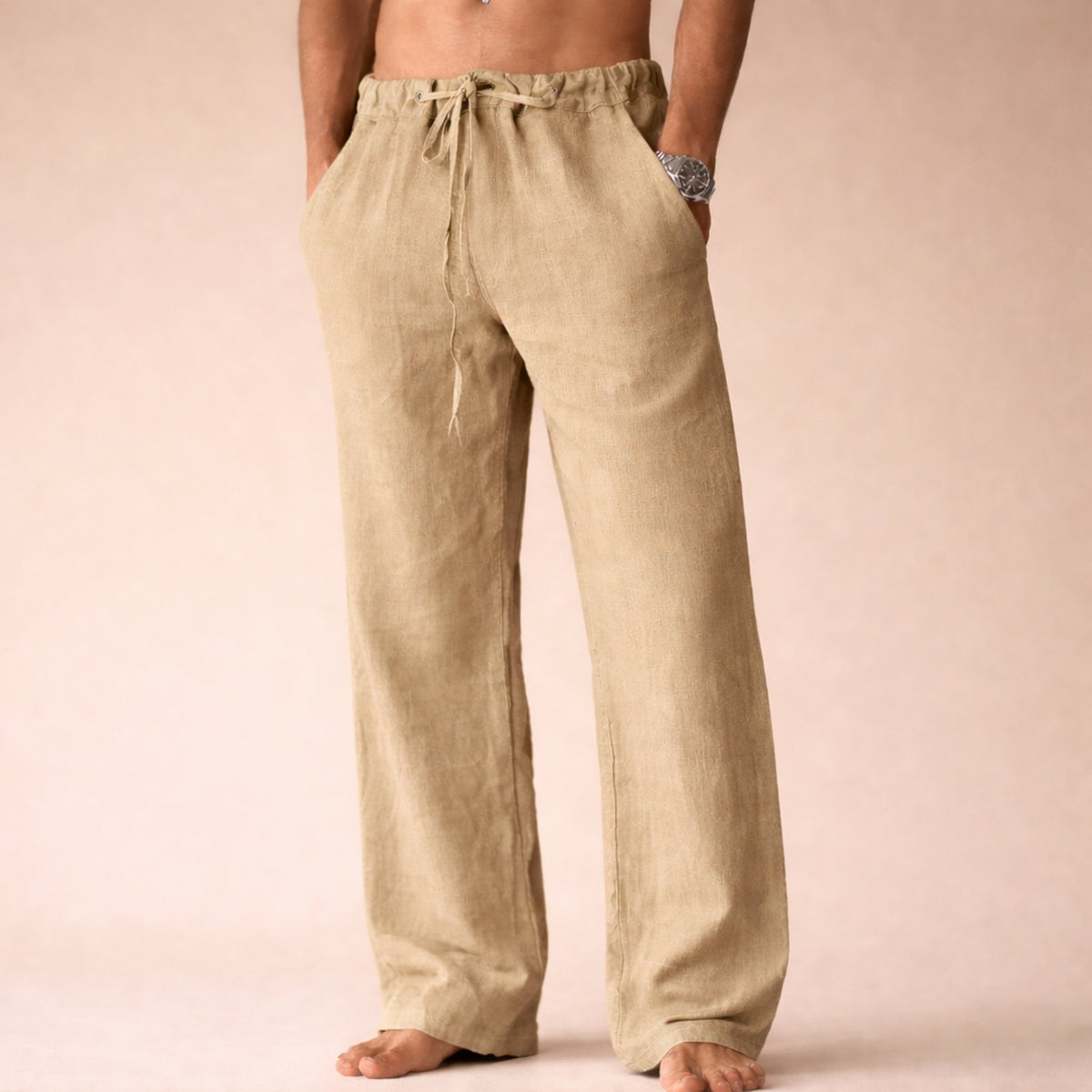 Men's Straight Leg Linen Trousers with Drawstring Waist Detail