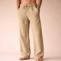Men's Straight Leg Linen Trousers with Drawstring Waist Detail