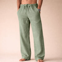 Men's Straight Leg Linen Trousers with Drawstring Waist Front