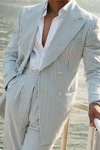 Men's Striped Double Breasted Wedding Guest Suit | Two Piece Seersucker Set Angle