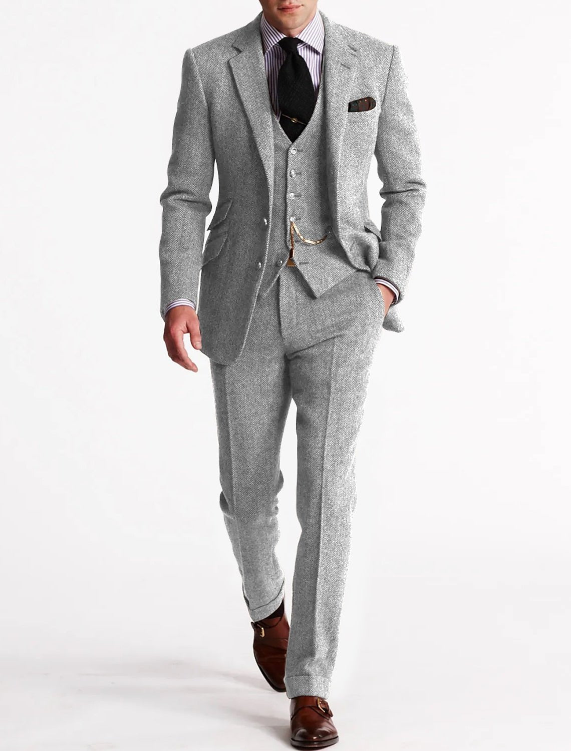 Men's Tweed Three-Piece Suit | Peak Lapel with Pocket Watch Chain Close Up