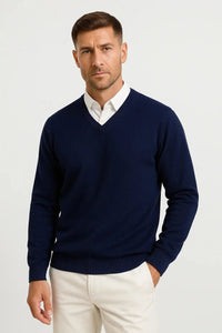 Men's V-Neck Wool Jumper | Slim Fit Elegant Casual Pullover Detail