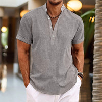 Men's Lightweight Short Sleeve Shirt | Grandad Collar - close-up