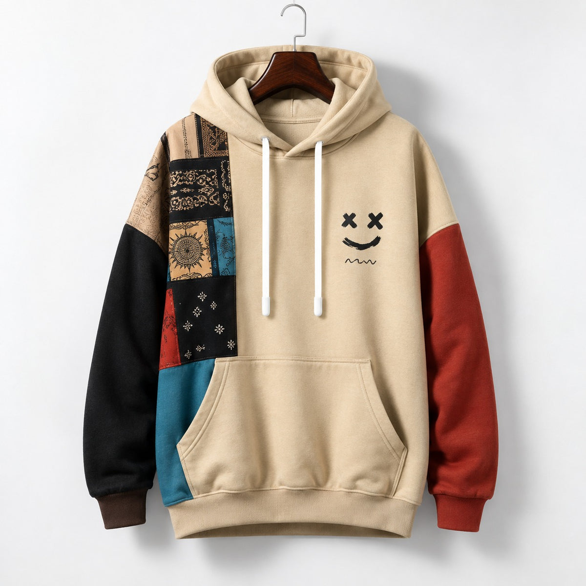 Men's Patchwork Contrast Hoodie | Relaxed Fit Cotton Blend - hero