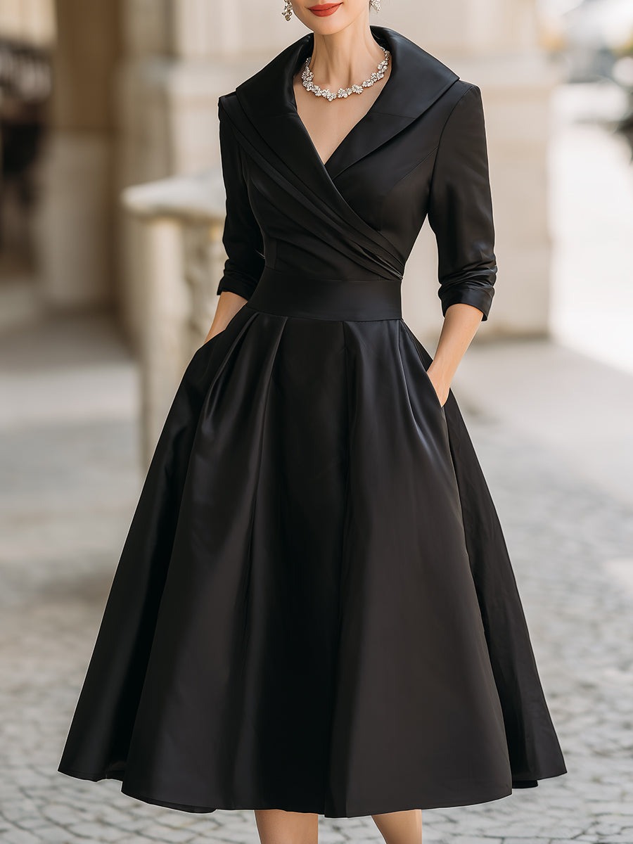 Midi Dress | Women's Elegant Wrap V-Neck - detail