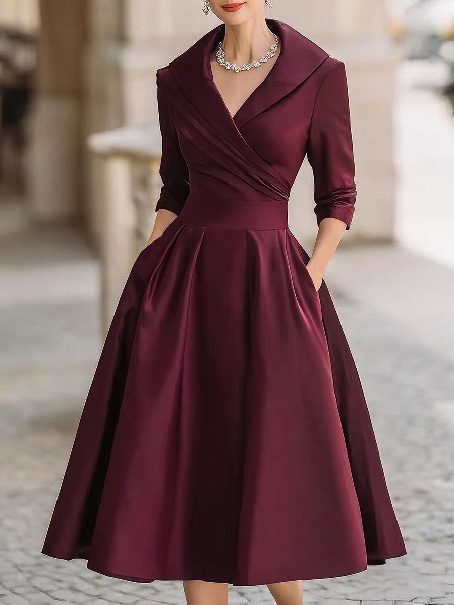 Midi Dress | Women's Elegant Wrap V-Neck - front