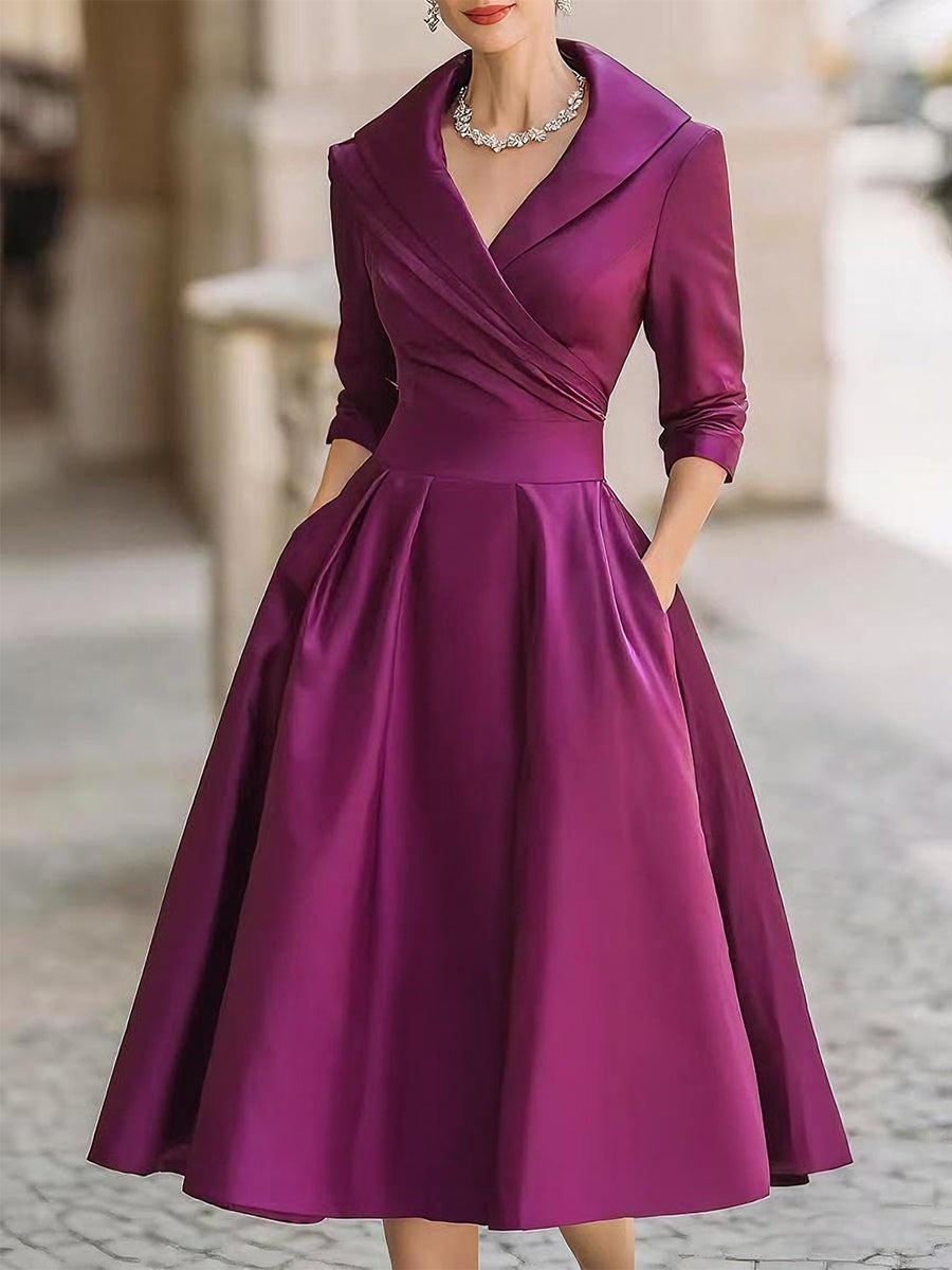 Midi Dress | Women's Elegant Wrap V-Neck - side