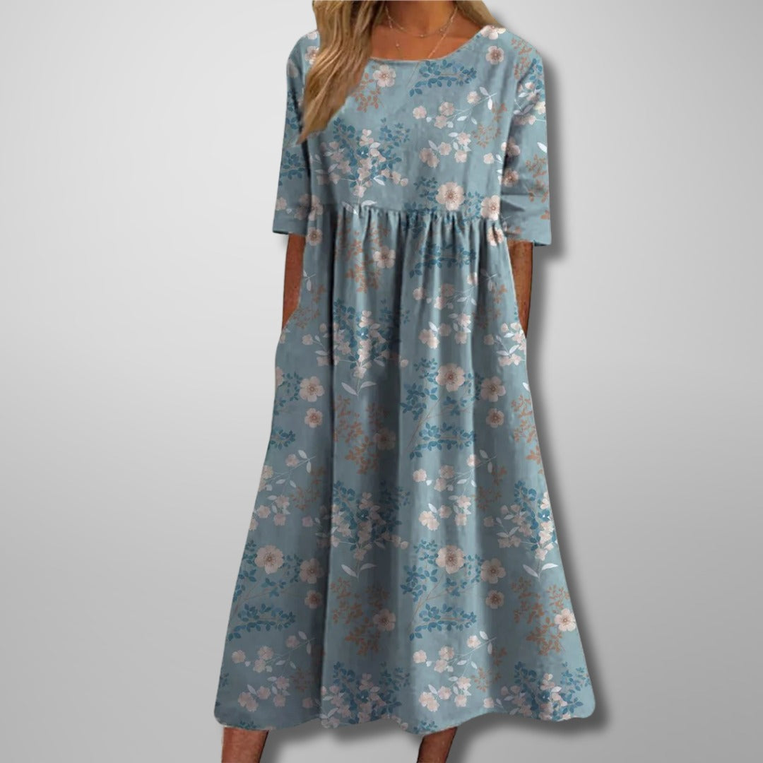 Midi Dress | Women's Relaxed Floral 3/4 Sleeve - detail