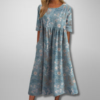Midi Dress | Women's Relaxed Floral 3/4 Sleeve - detail