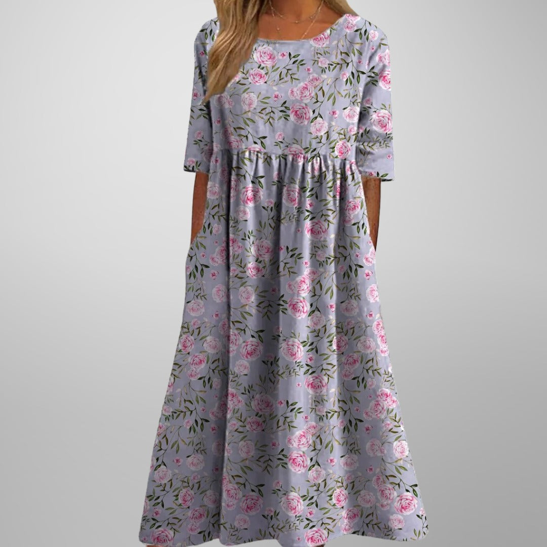 Midi Dress | Women's Relaxed Floral 3/4 Sleeve - lifestyle