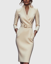 Refined Elegant Pencil Dress | Belted V Neck - angle