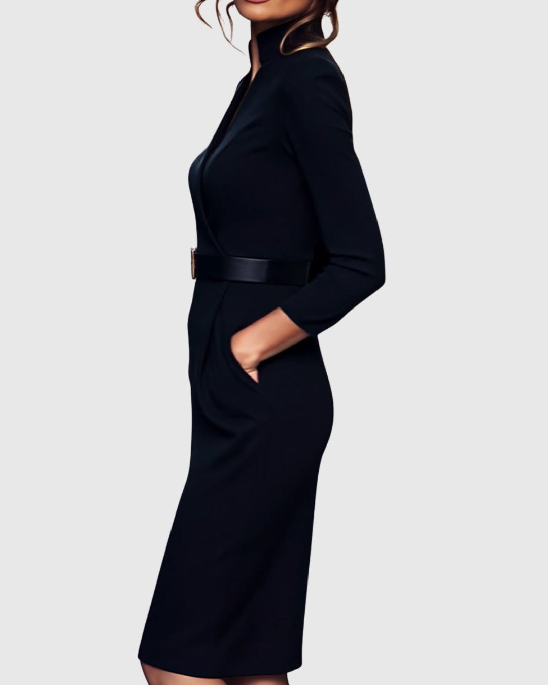 Refined Elegant Pencil Dress | Belted V Neck - detail