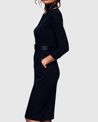 Refined Elegant Pencil Dress | Belted V Neck - detail